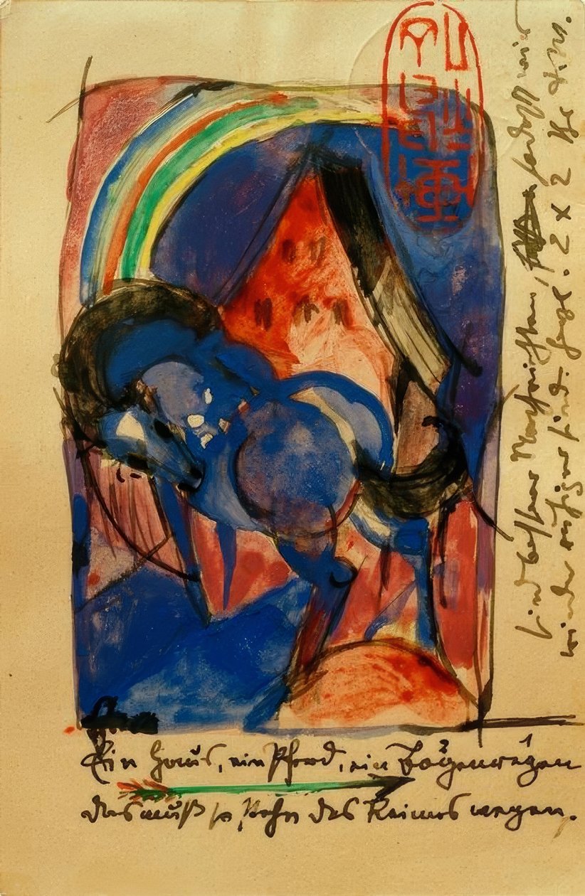 Paard en huis met regenboog door Franz Marc