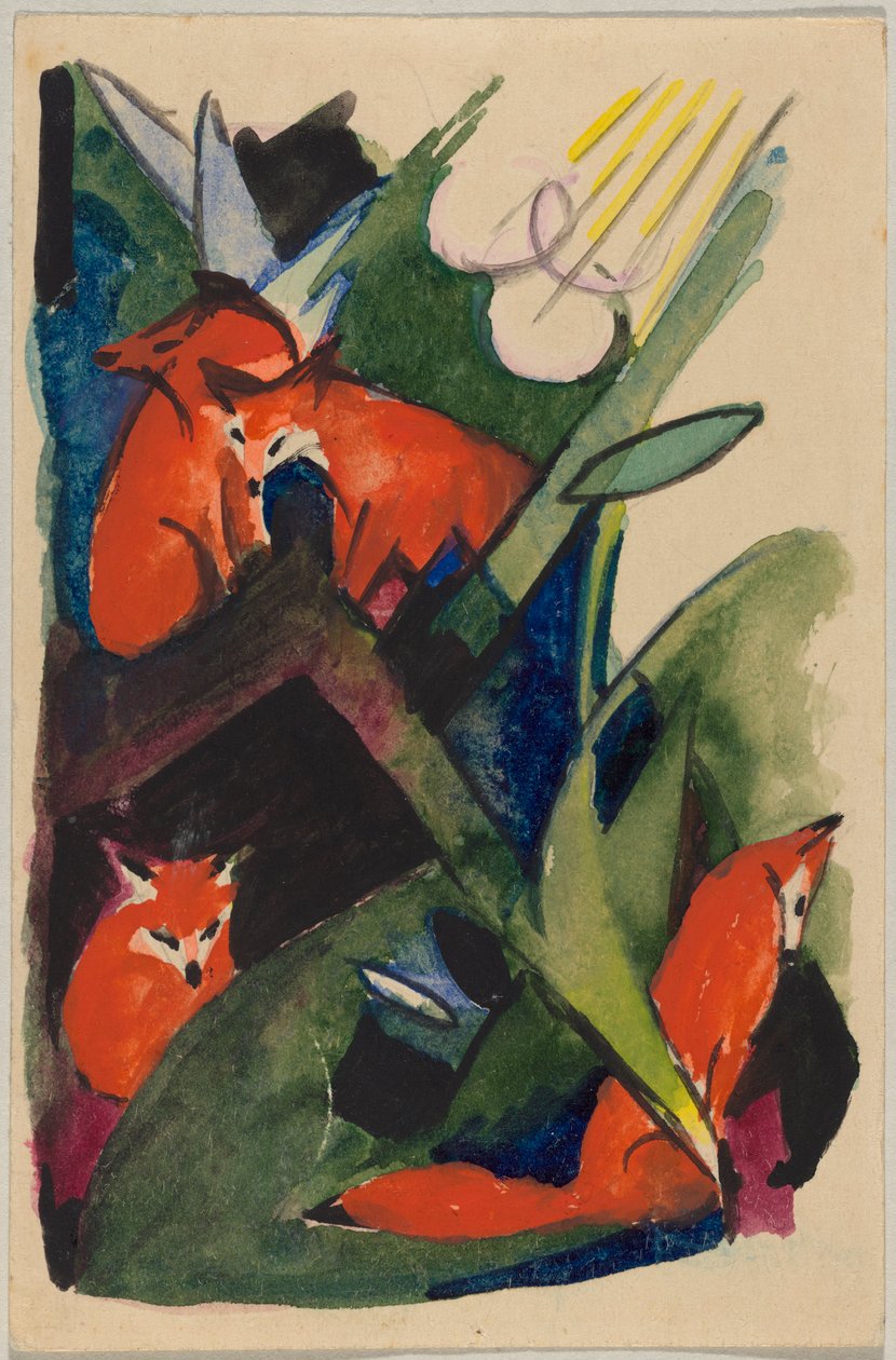 „Vier vossen”, Franz Marc vanuit Sindelsdorf aan Wassily Kandinsky in München: ansichtkaart, poststempel 04.02.1913 door Franz Marc