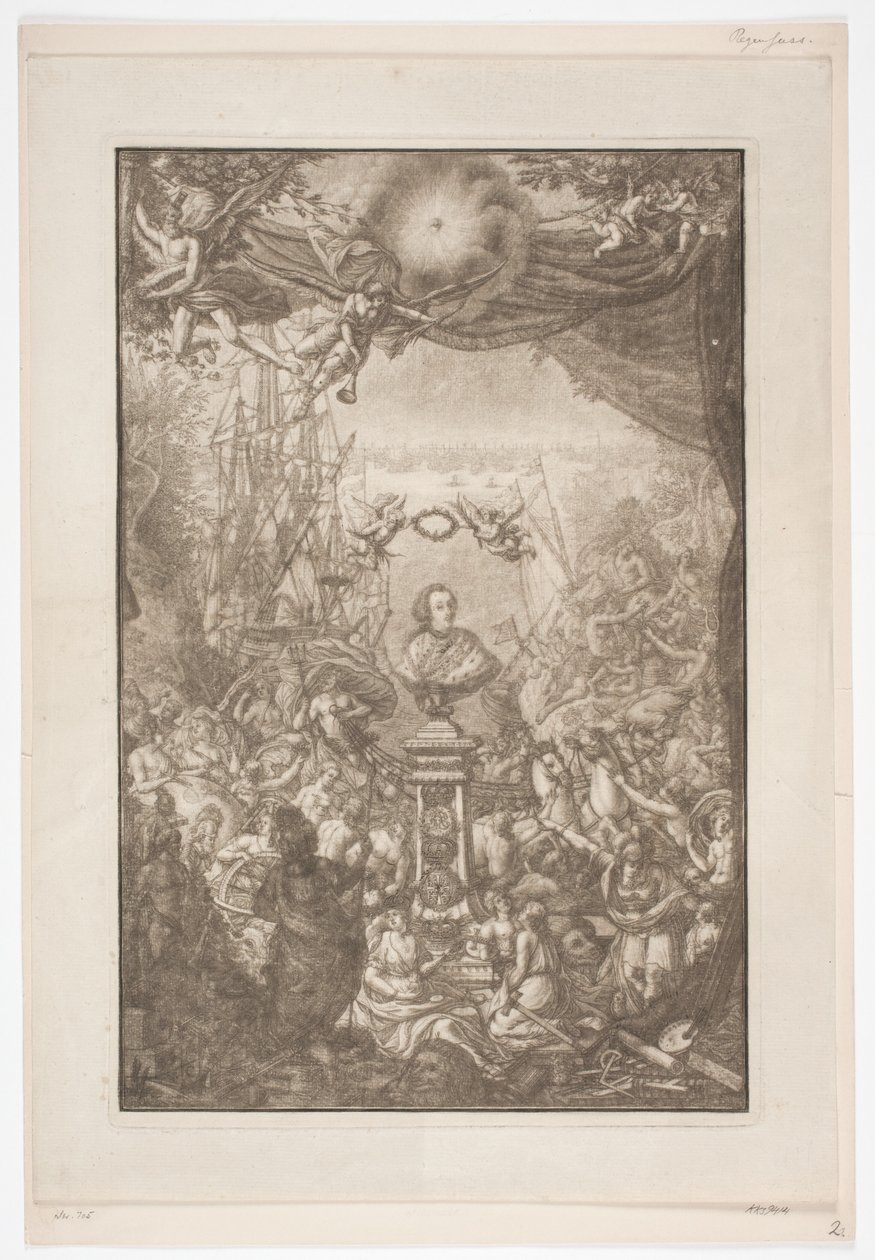 Titelblad met buste van Frederik V voor het werk Auserlesene Schenecken, Muscheln. door Franz Michael Regenfus