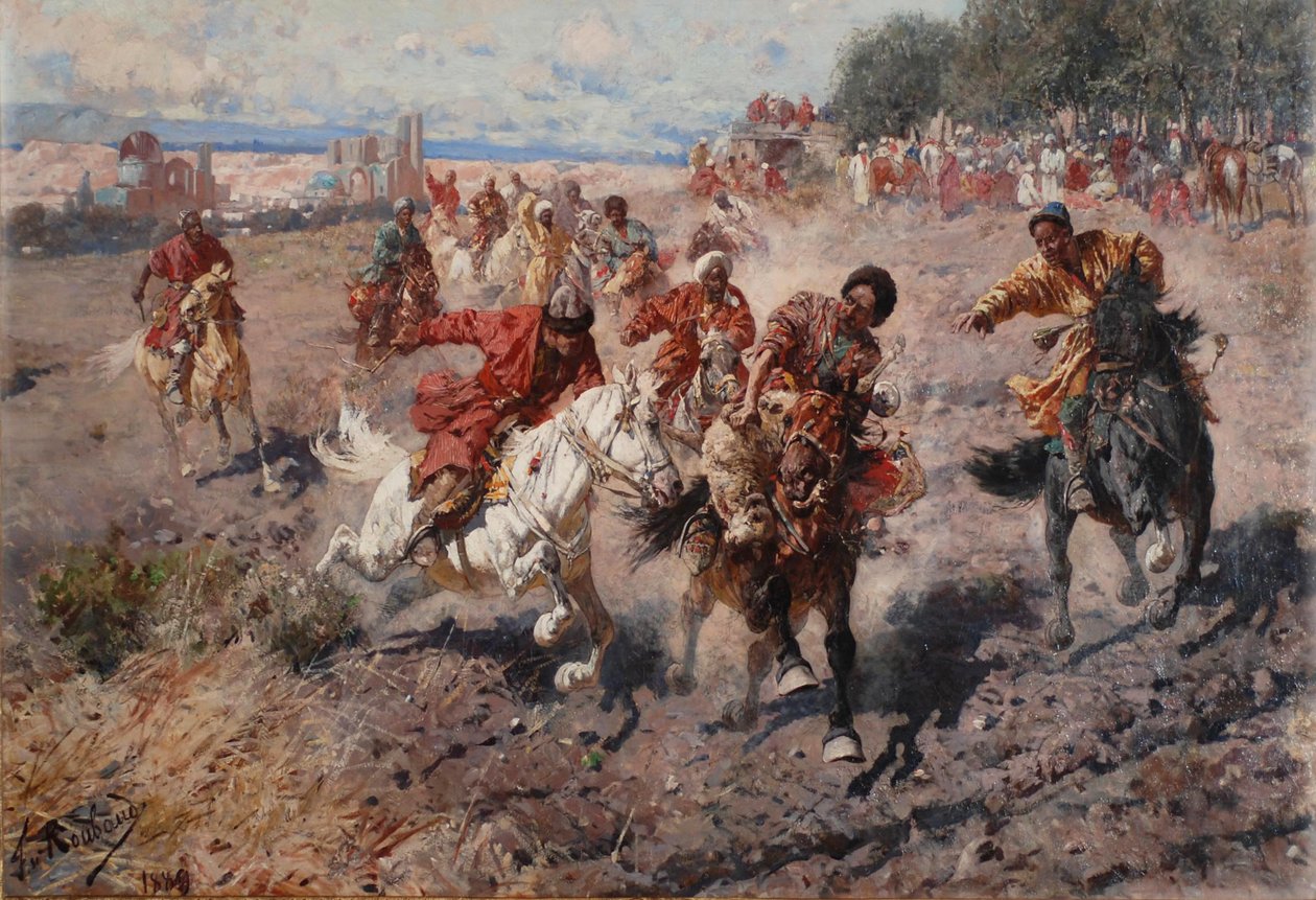 Tsjerkessen vieren het einde van Muharram met de ruitersport van de race om het prijslam, 1889 door Franz Roubaud