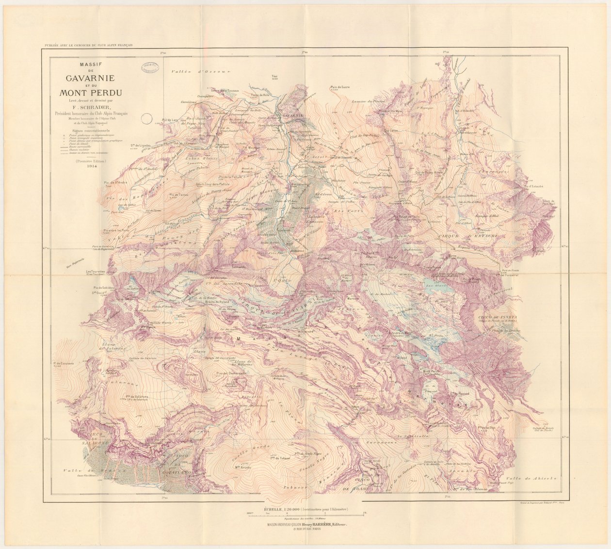 Kaart van het massief van Gavarnie en de verloren berg, uitgegeven in 1914 door Franz Schrader