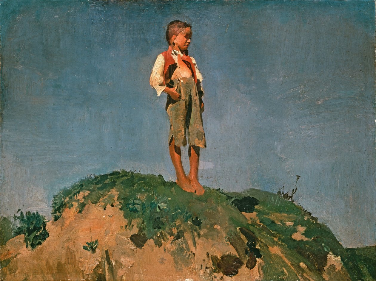 Herdersjongen op een grasheuvel, c.1859 (olieverf op karton) door Franz Seraph von Lenbach