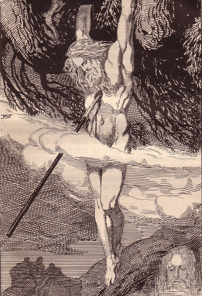 Odin hangend aan de wereldboom. Illustratie voor De Edda: Germaanse goden en helden door Hans von Wo door Franz Stassen
