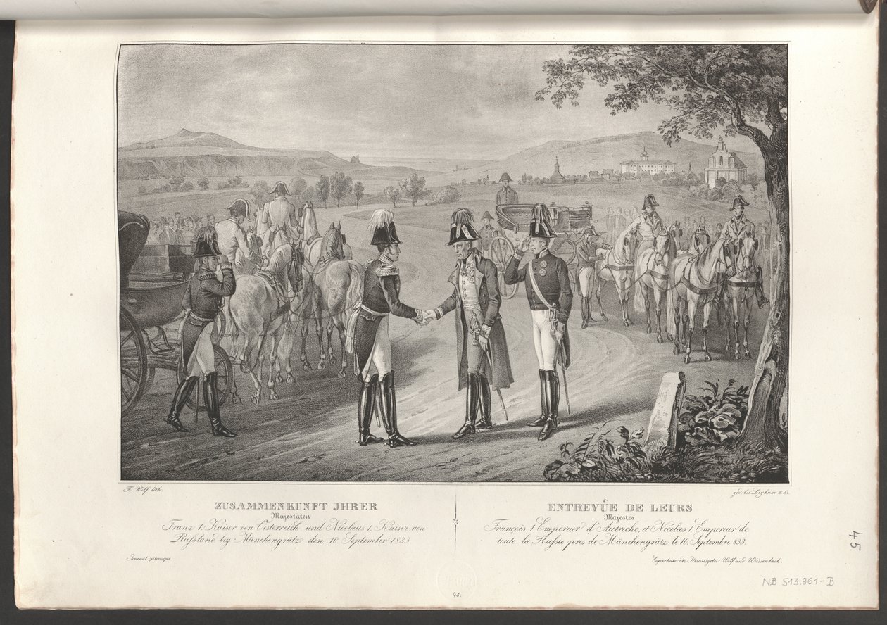 Ontmoeting van Keizer Franz I met Keizer Nikolaus I van Rusland door Franz Wolf