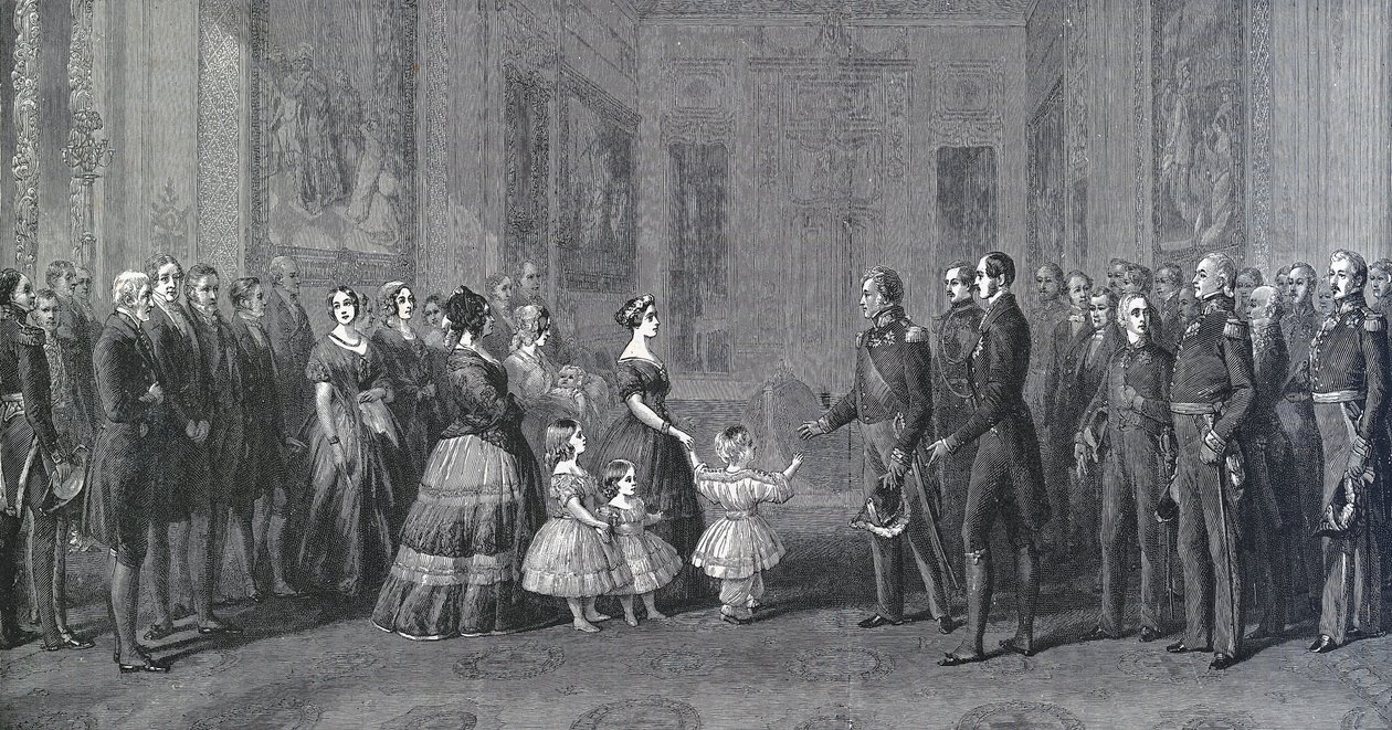 De koningin van Engeland Victoria ontvangt Louis-Philippe I, koning van Frankrijk in Windsor Castle, 8 oktober 1844. Gravure naar een schilderij van Winterhalter door Franz Xaver  Winterhalter (after)