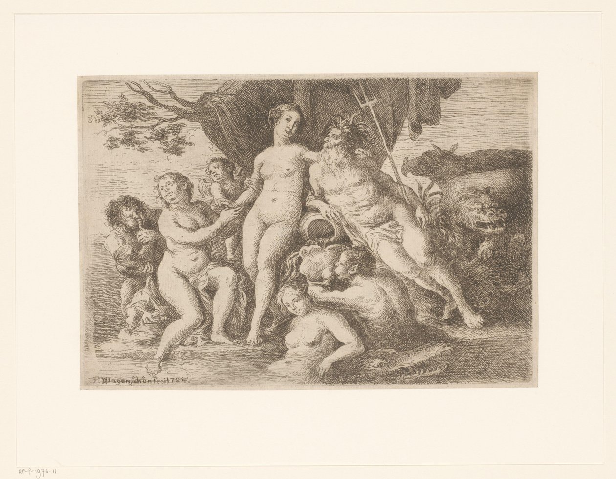 Neptunus en Amphitrite te midden van badende nimfen en meermannen door Franz Xaver Wagenschon
