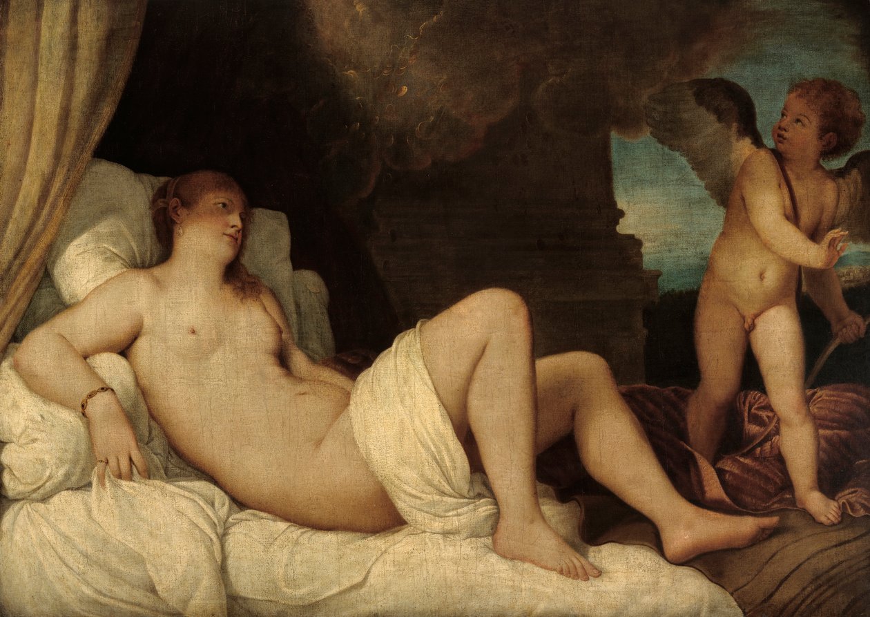 Danaë, kopie naar Titiaans schilderij in Napels door Franz von Lenbach