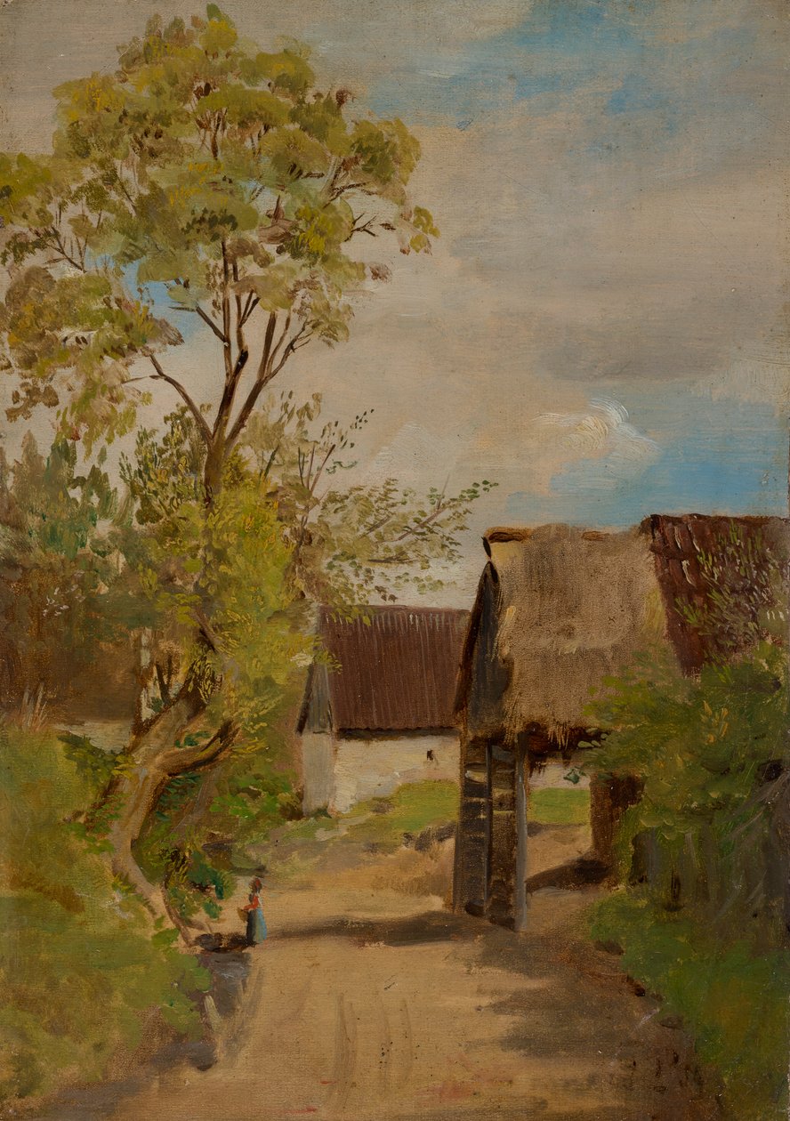 Dorpsstraat in Aresing (?) met vrouwelijke figuur door Franz von Lenbach