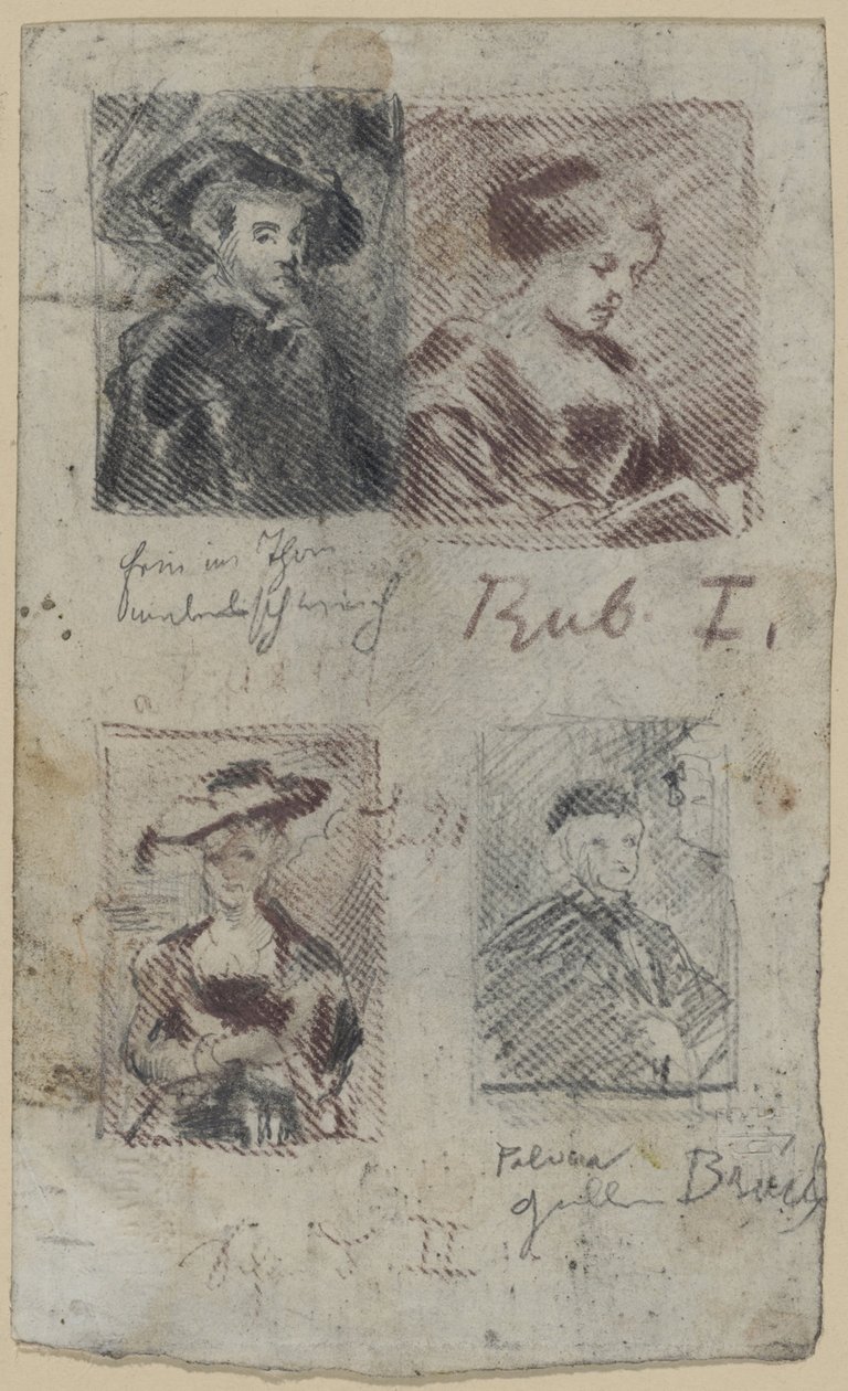 Drie kopieschetsen naar Peter Paul Rubens, een naar Palma Vecchio (?) door Franz von Lenbach, Peter Paul Rubens