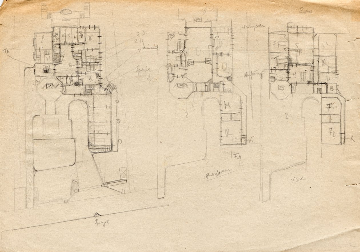 Ontwerpschetsen voor Matschs Ateliervilla - Plattegrond van drie verdiepingen door Franz von Matsch
