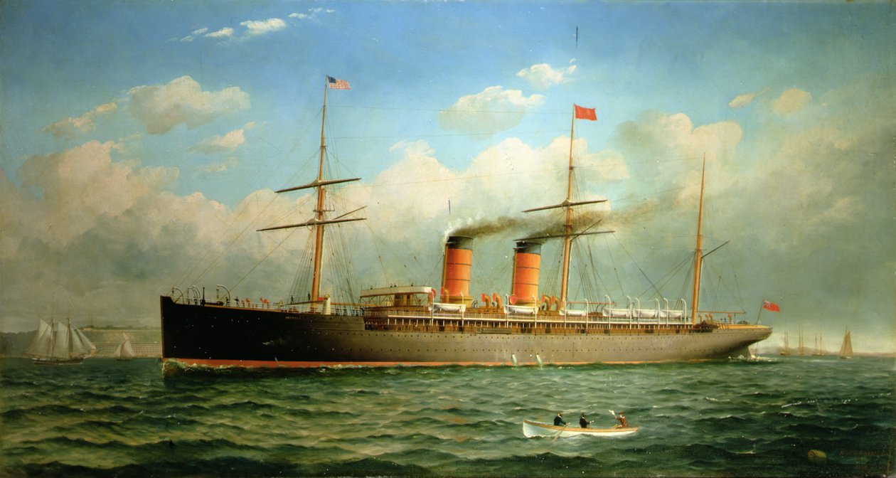 De Cunard Liner R.M.S. Umbria bij Brooklyn Heights, aan de East River, New York door Fred Pansing