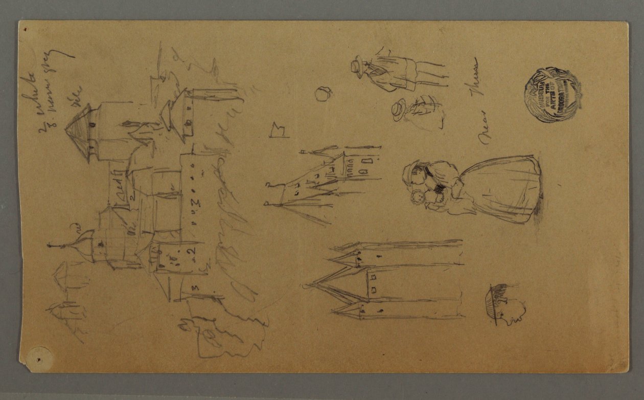 Tekening, Middeleeuws kasteel, twee torens, figuurstudies, nabij Thun, mogelijk 1868 door Frederic Edwin Church