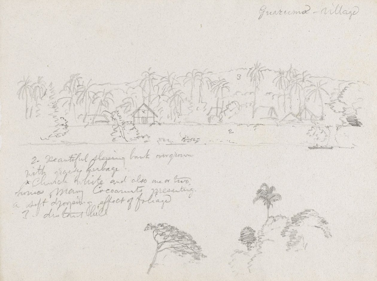 Tekening. Schetsen. Het dorp Guarumo, waarschijnlijk in Colombia. door Frederic Edwin Church