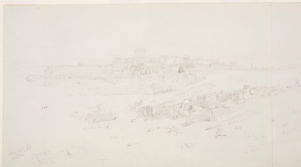 Tekening, Tempels in de ochtend, Baalbek, 12 mei 1868 door Frederic Edwin Church