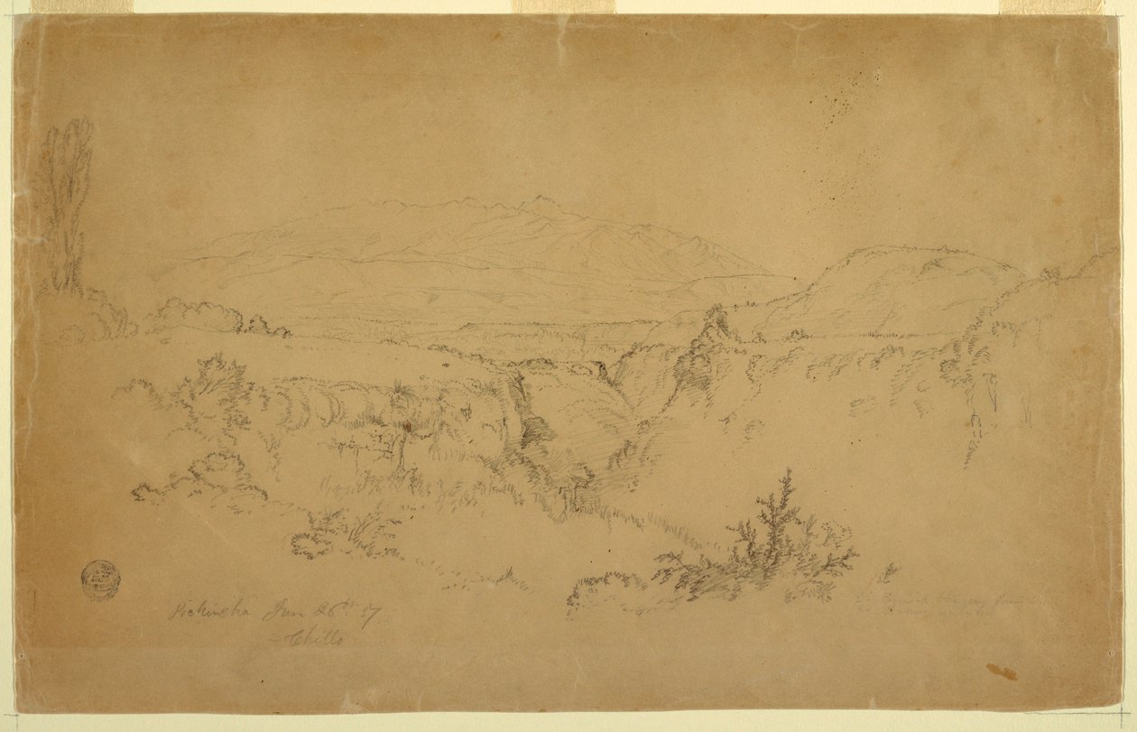 Tekening, Uitzicht op de berg Pichincha vanuit Chillo, Ecuador, 26 juni 1857 door Frederic Edwin Church