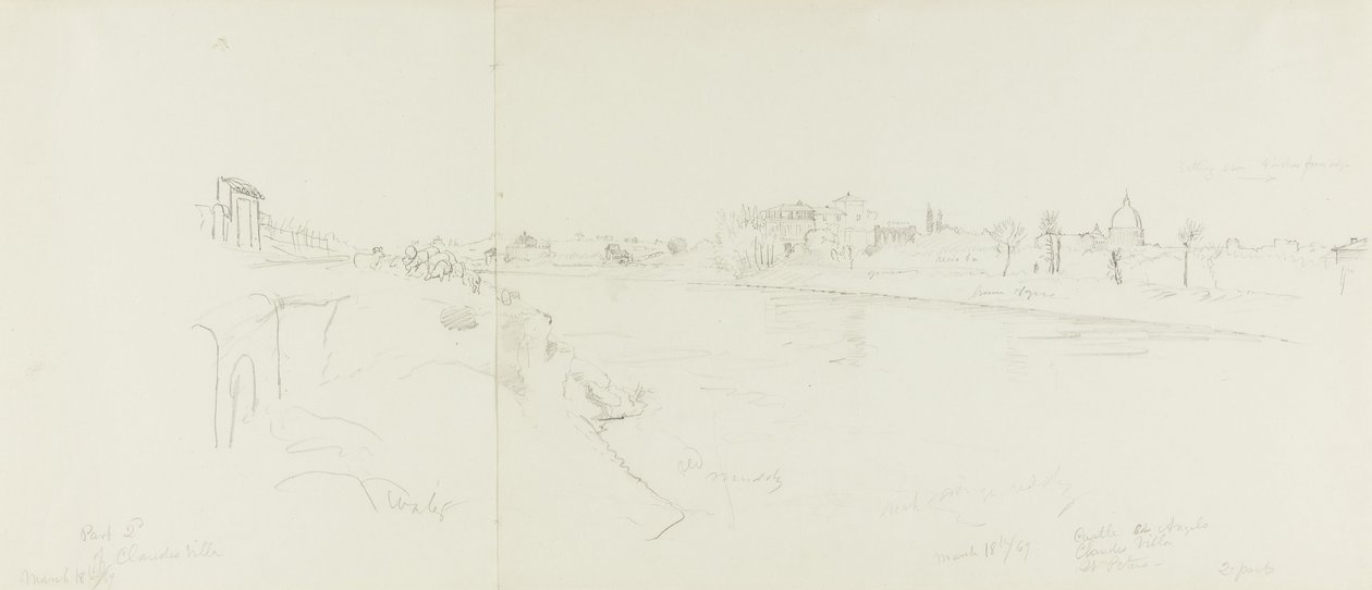 Landschapszicht op Rome vanaf de oevers van de Tiber, met verre uitzichten op het kasteel Sant