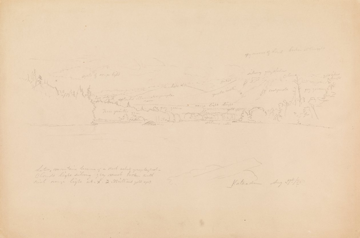Oever van het meer en uitlopers van Mount Katahdin door Frederic Edwin Church