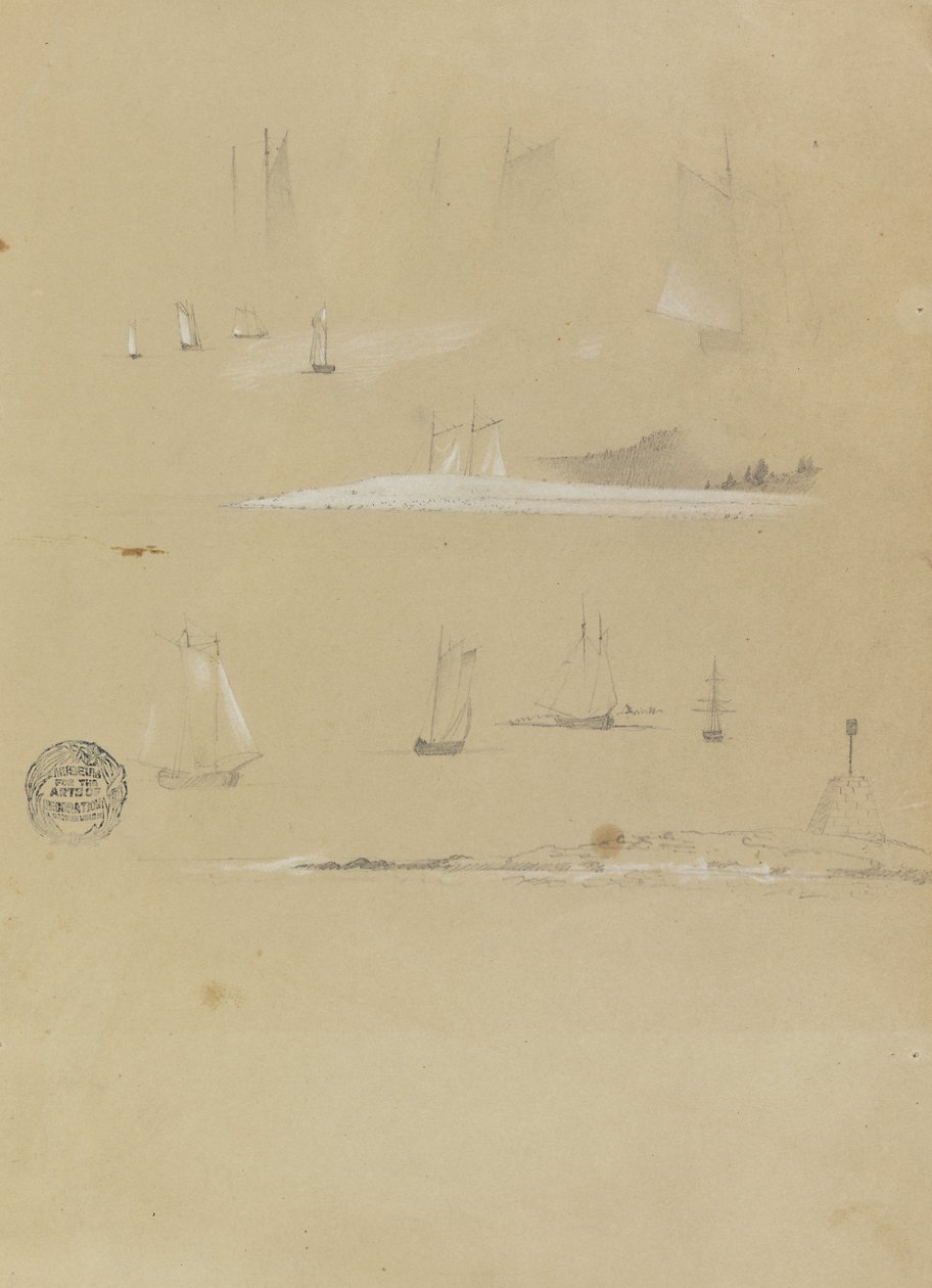 Studies van zeilschepen en kustlandschappen door Frederic Edwin Church