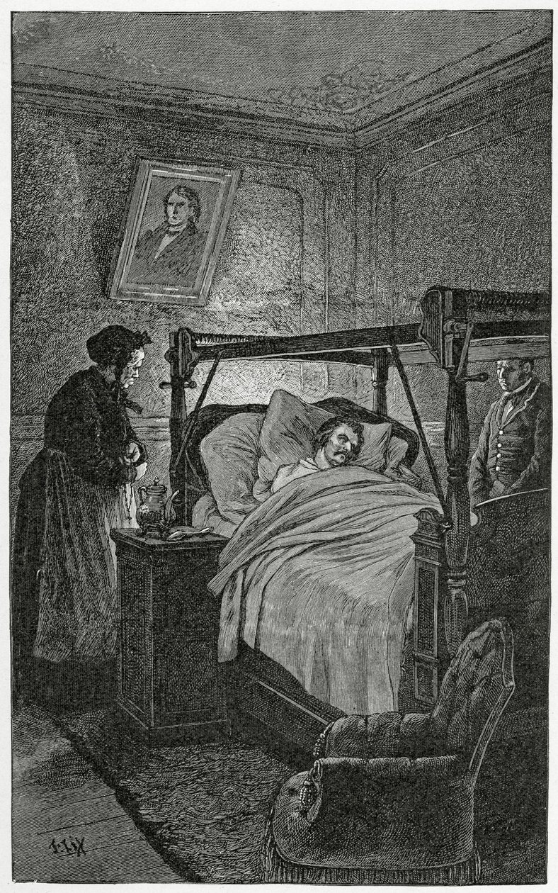 Dood van Balzac - illustratie uit Choses vues, 19e eeuw (zw gravure) door Frederic Theodore Lix