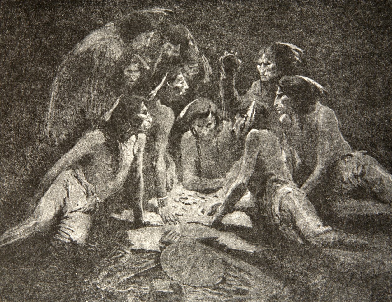 Alle oude mannen en jonge mannen... Speelden tot middernacht, speelden tot de ochtend, uit The Song of Hiawatha door Henry Wadsworth Longfellow, gepubliceerd door George G. Harrap und Company Ltd., 1911 door Frederic Remington