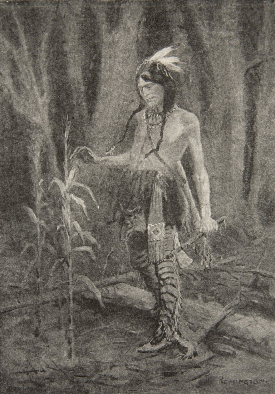 En hij zag een jongeling naderen, Gekleed in groene en gele gewaden, uit Het Lied van Hiawatha door Henry Wadsworth Longfellow, uitgegeven door George G. Harrap und Company Ltd., 1911 door Frederic Remington