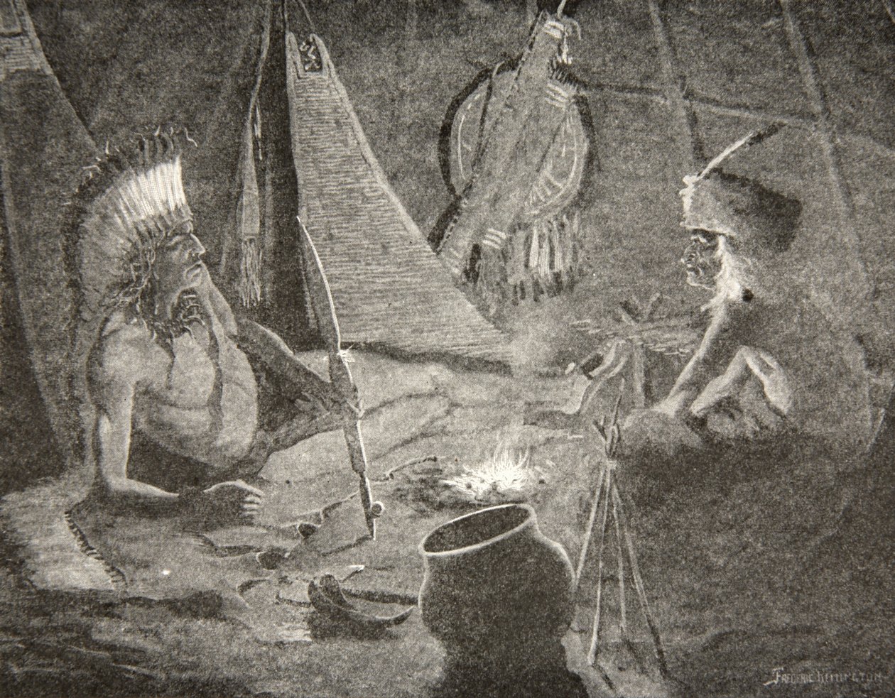 Uit zijn buidel haalde hij zijn vredespijp,... gaf het aan zijn gast, de vreemdeling, uit The Song of Hiawatha door Henry Wadsworth Longfellow (1807-82), pub. door George G. Harrap und Company Ltd., 1911 door Frederic Remington