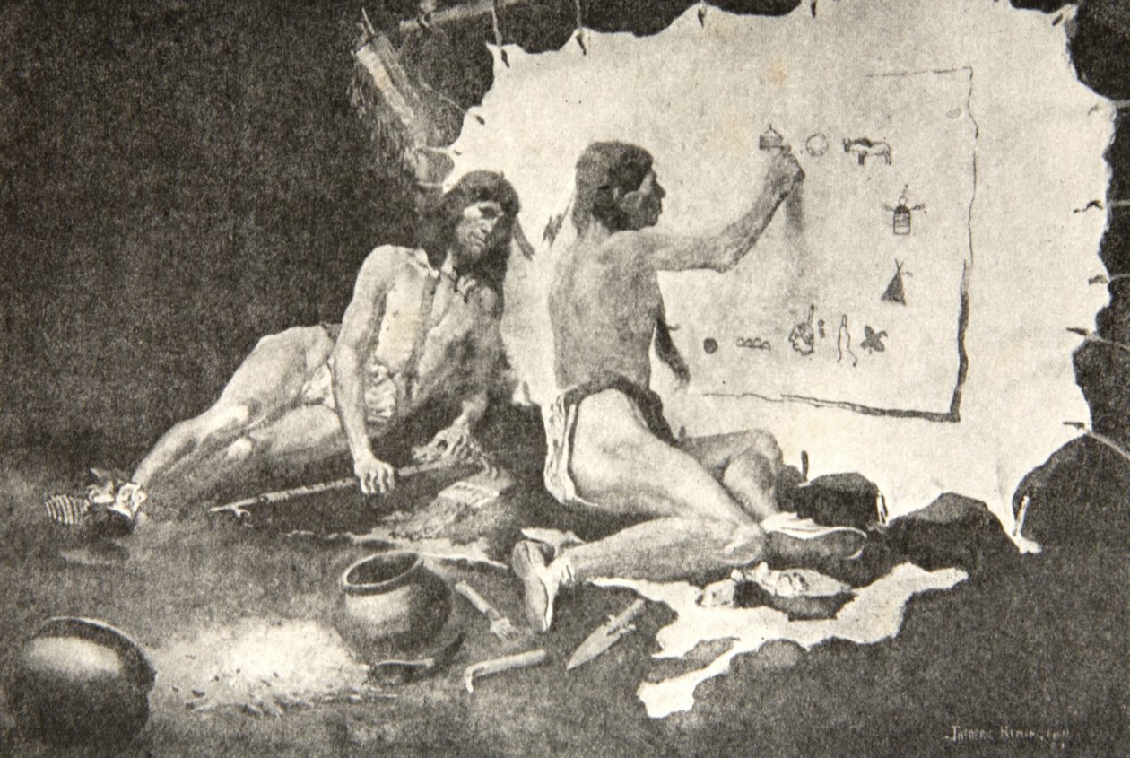Dergelijke vormen schilderden zij, Op de berkenbast en het hertenvel, uit Het Lied van Hiawatha door Henry Wadsworth Longfellow (1807-82), uitgegeven door George G. Harrap en Company Ltd., 1911 door Frederic Remington