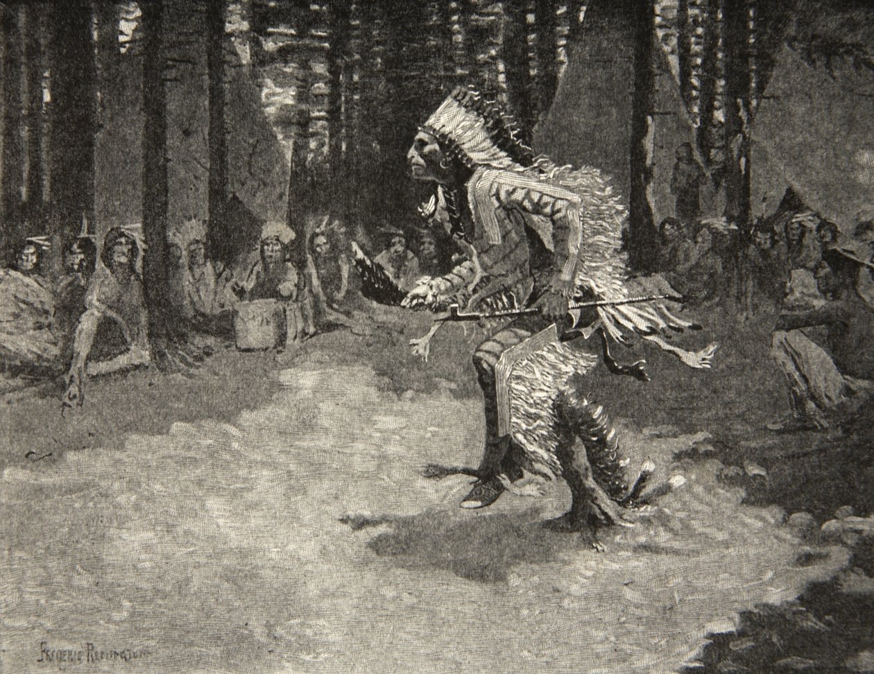 Door de schaduwen en de zonneschijn, Zachtjes tredend als een panter, uit The Song of Hiawatha door Henry Wadsworth Longfellow, uitgegeven door George G. Harrap und Company Ltd., 1911 door Frederic Remington