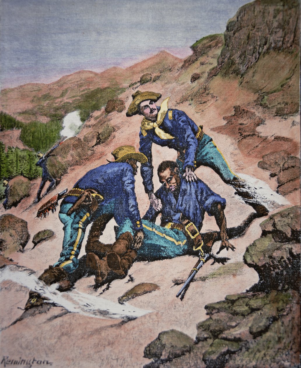 De Redding van Korporaal Scott tijdens de Geronimo-campagne van 1886 door Frederic (after) Remington