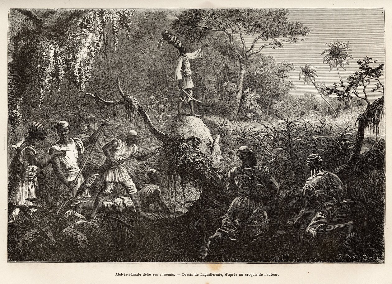 Abd es Samate, vriend en luitenant van Mounza, koning van de Mombuttous, daagt zijn vijanden de Zandes (of niam niam) uit die hen de oorlog hebben verklaard, gravure naar de tekening van Laguillermie, ter illustratie van een reis naar het hart van Afrika,  door Frederic Auguste Laguillermie