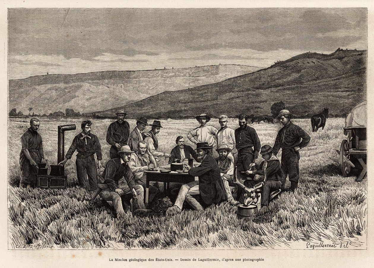 De geologische missie van de Verenigde Staten is jong in de vlakte, geëtst naar de tekening van Laguillermie, ter illustratie van een reeks geografische missies door het United States National Park, van 1870 tot 1872, door de heren Hayden, Doane en Langfor door Frederic Auguste Laguillermie