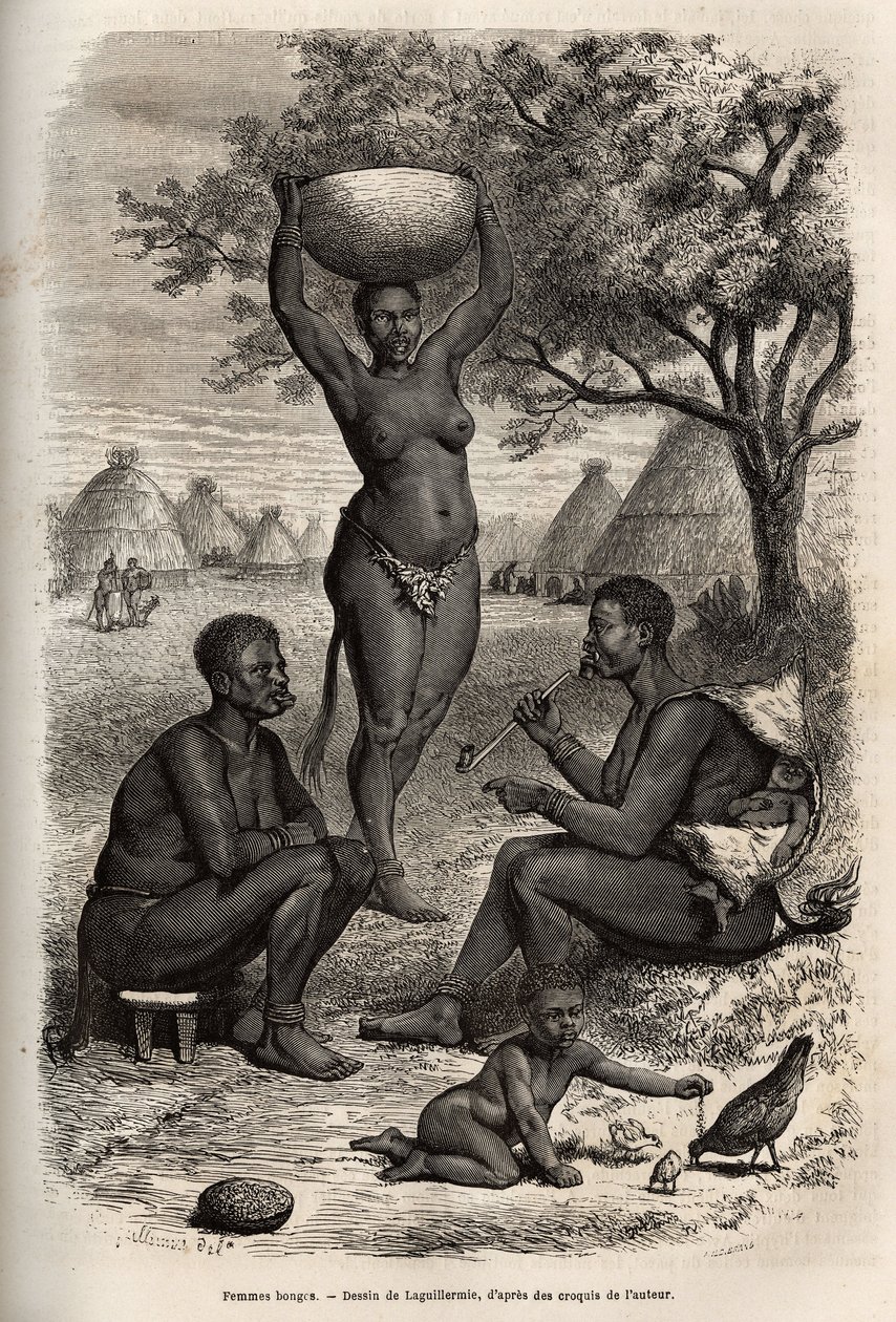 Typen en activiteiten van vrouwen Bongos (Centraal-Soedan), met hun metalen versieringen, bellen en nietjes die ze op hun oren en lippen zetten, gravure naar de tekening van Laguillermie, ter illustratie van de reis naar het hart van Afrika in 1868-1871, d door Frederic Auguste Laguillermie