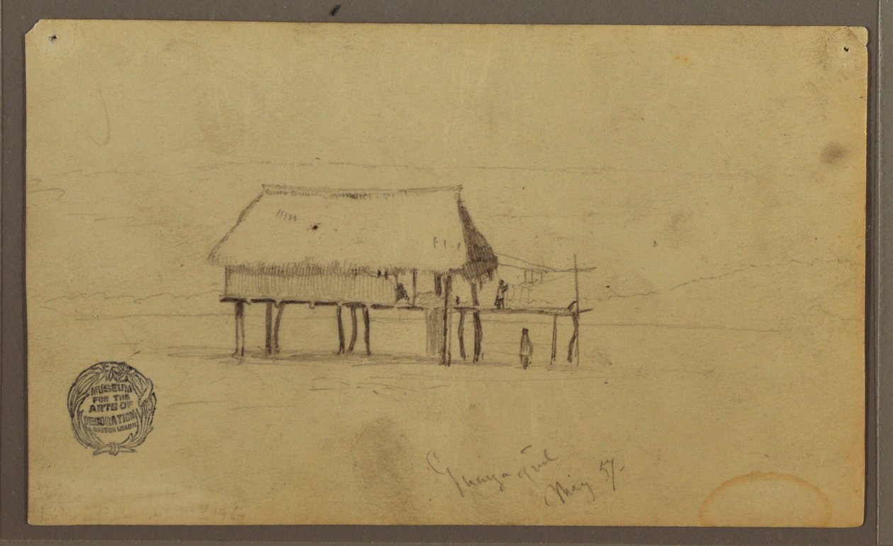 Tekening, Een hut op palen, Guayaquil, Ecuador, mei 1857 door Frederic Edwin Church