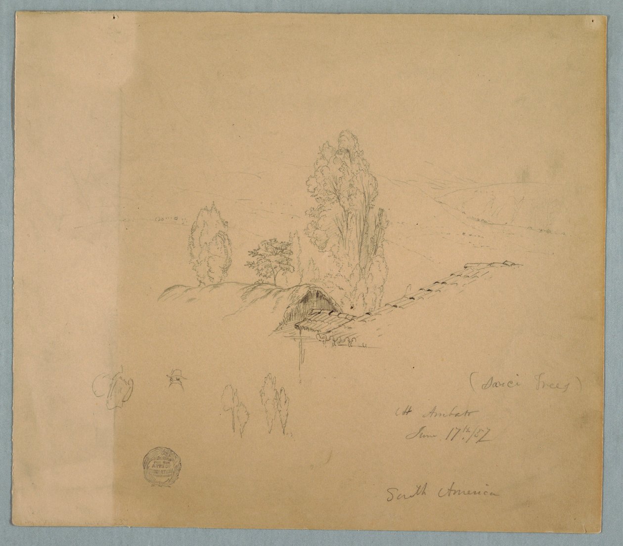 Tekening, Een rieten dak en een pannendak met boomtoppen in een berglandschap bij Chimborazo, Ambato, Ecuador, 17 juni 1857 door Frederic Edwin Church