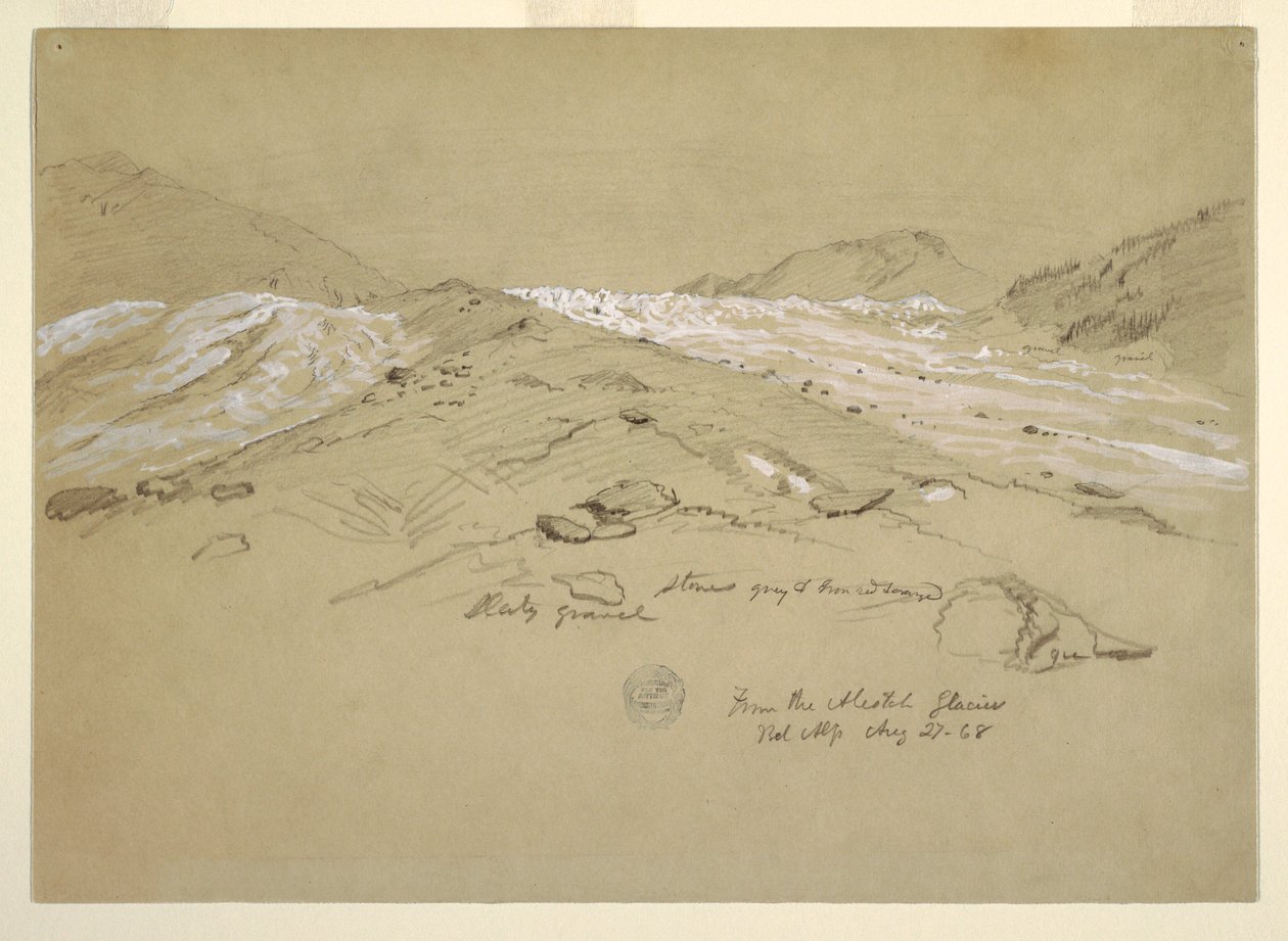 Tekening, Aletschgletsjer, Berner Alpen, Zwitserland, 28 augustus 1868 door Frederic Edwin Church