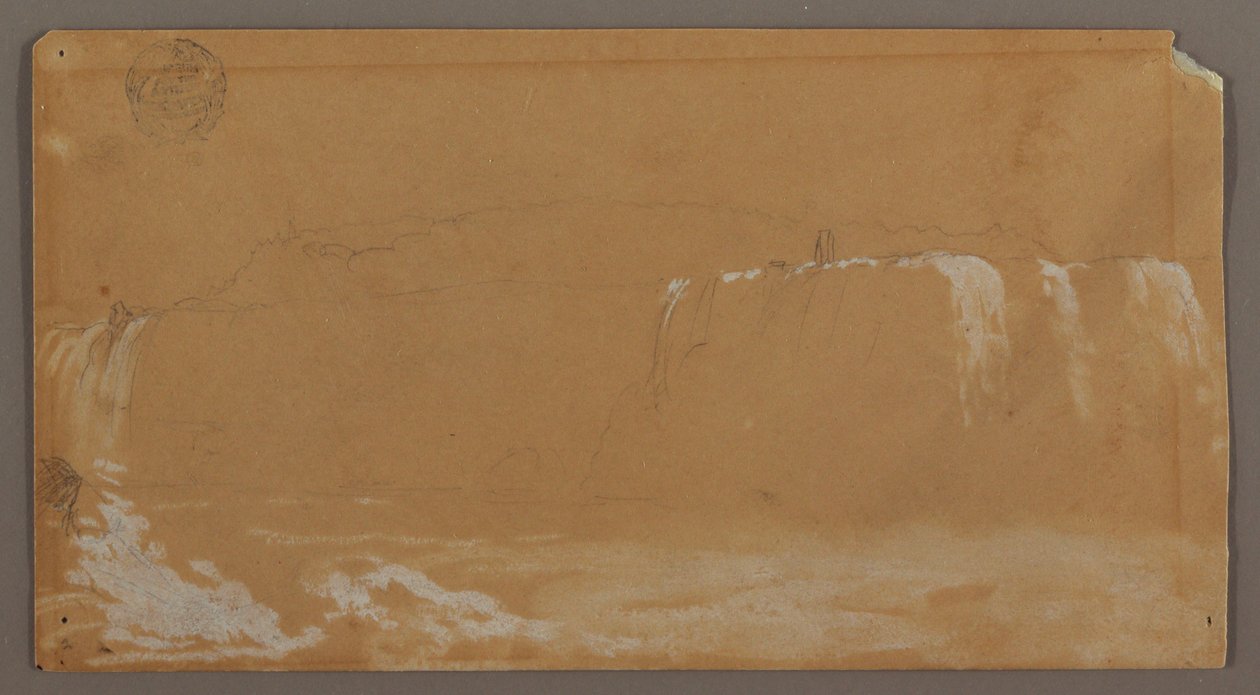 Tekening, American Falls, Goat Island en een deel van de Horseshoe Falls, gezien vanaf de Canadese oever van de Niagara River, mogelijk 1858 door Frederic Edwin Church