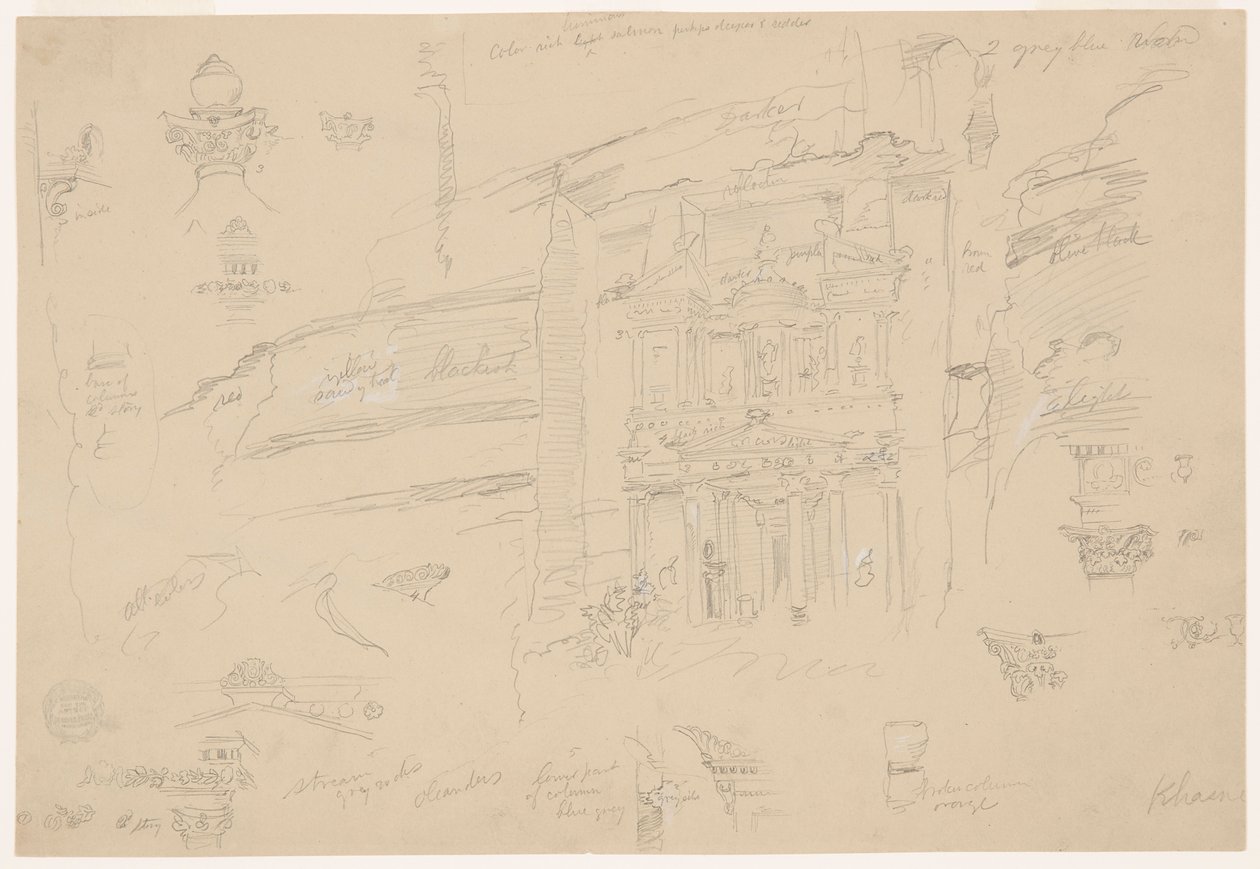 Tekening, Architectonische details van El Khasneh, Petra, eind februari 1868 door Frederic Edwin Church