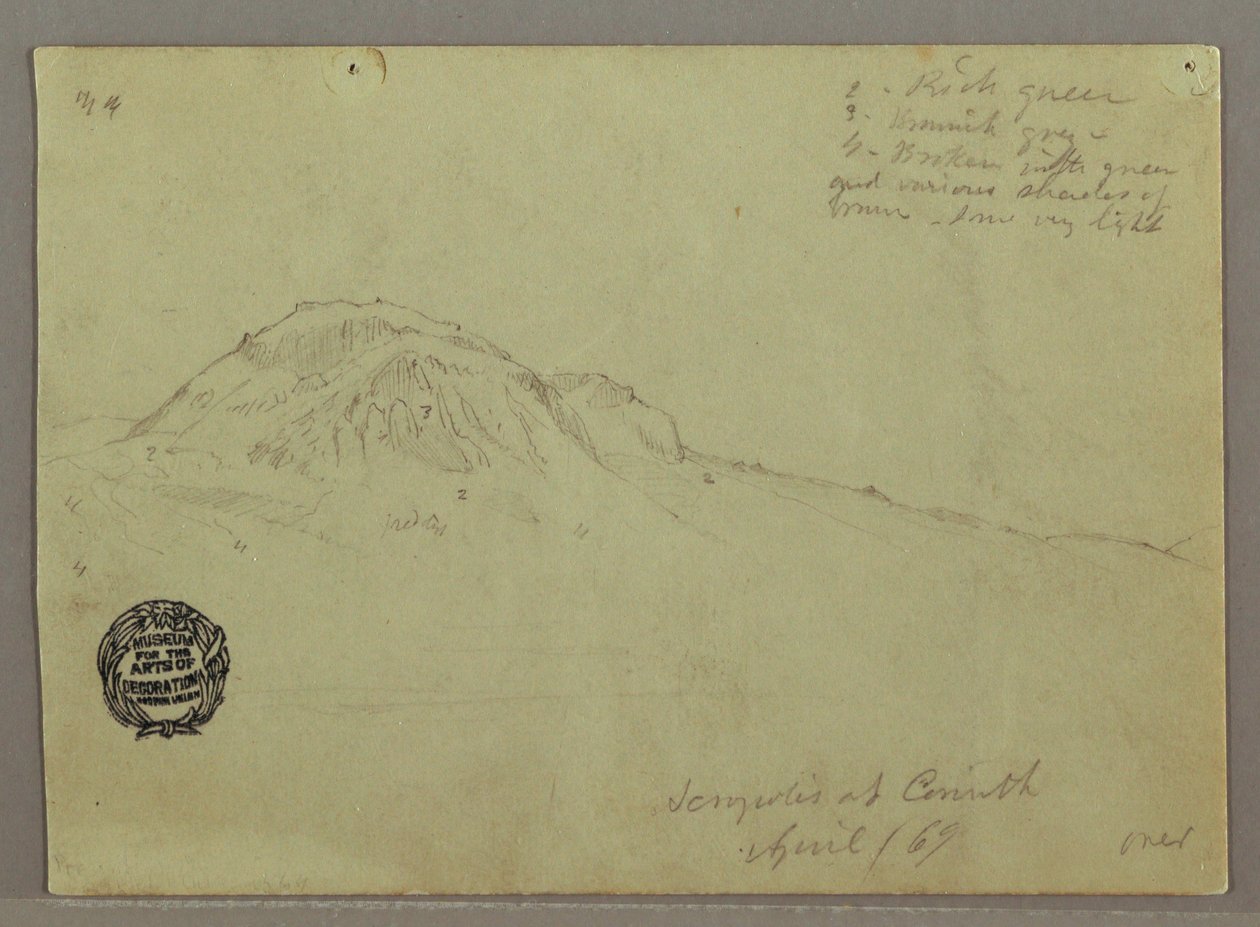 Tekening, Kale heuvel, Akropolis in Korinthe, Griekenland, april 1869 door Frederic Edwin Church