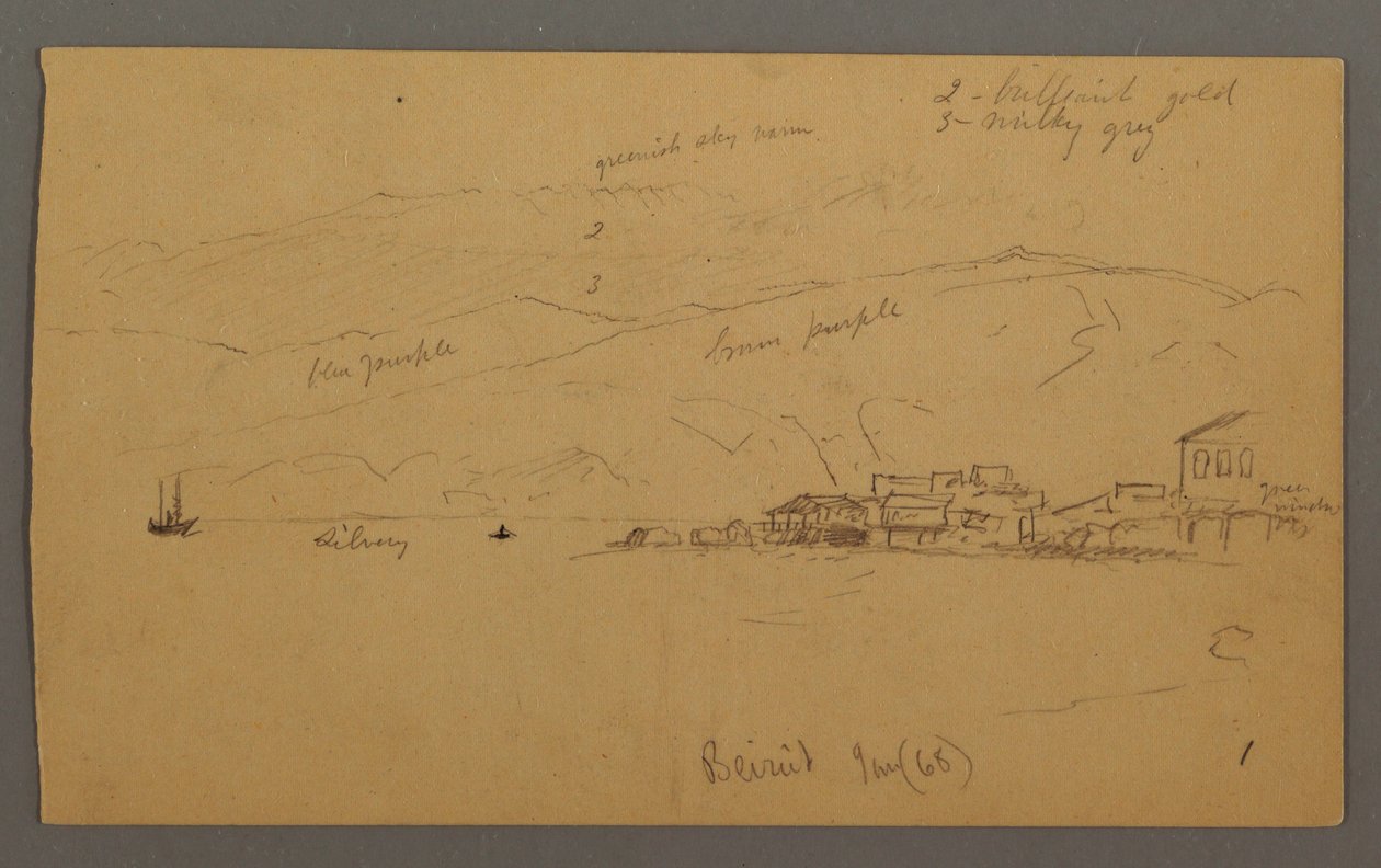 Tekening, Baai met huizen, bergen erachter, januari 1868 door Frederic Edwin Church