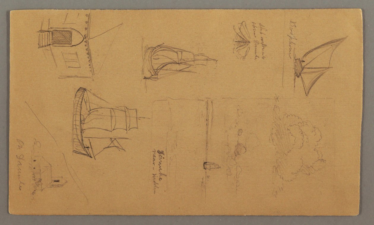 Tekening, Bootstudies, Wolkenstudie, Twee gebouwen, mogelijk 1868 door Frederic Edwin Church