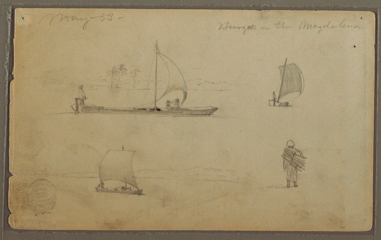 Tekening, Bungoes: Schetsen van zeilboten en werkende mannen, langs de Rio Magdalena, Colombia, mei 1853 door Frederic Edwin Church