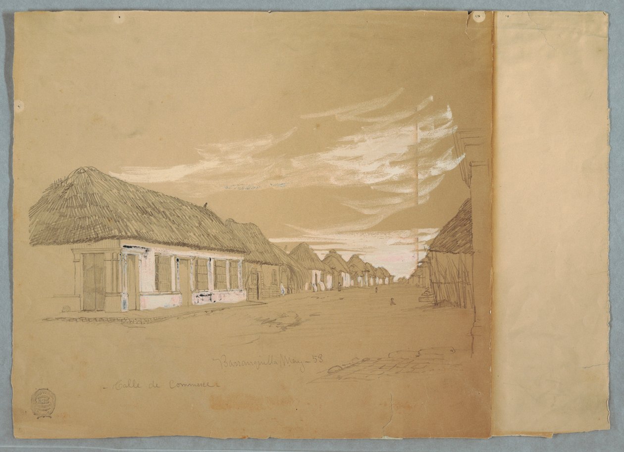 Tekening, Calle de Commerce, Barranquilla, Colombia, mei 1853 door Frederic Edwin Church