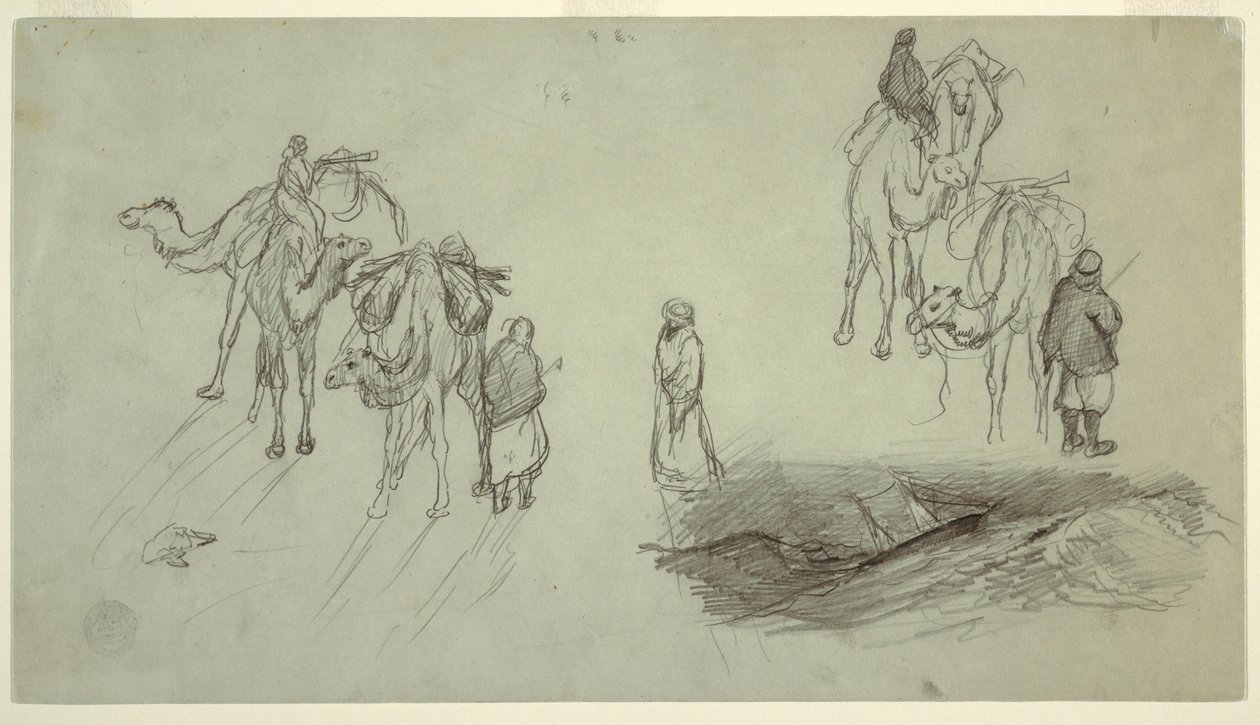 Tekening, Kamelen en ruiters; Sailbo, 1868 door Frederic Edwin Church