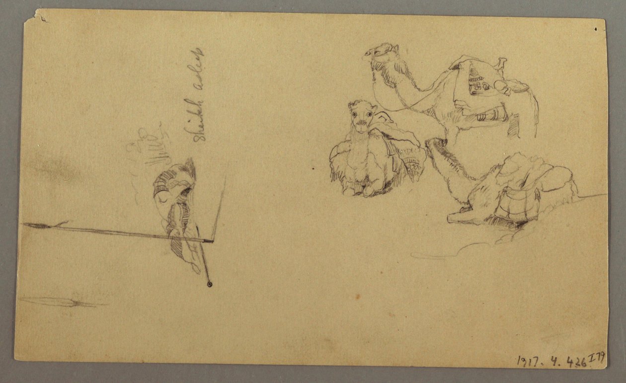Tekening, Drinkende kamelen op een heuvel, 22 februari, mogelijk 1868 door Frederic Edwin Church