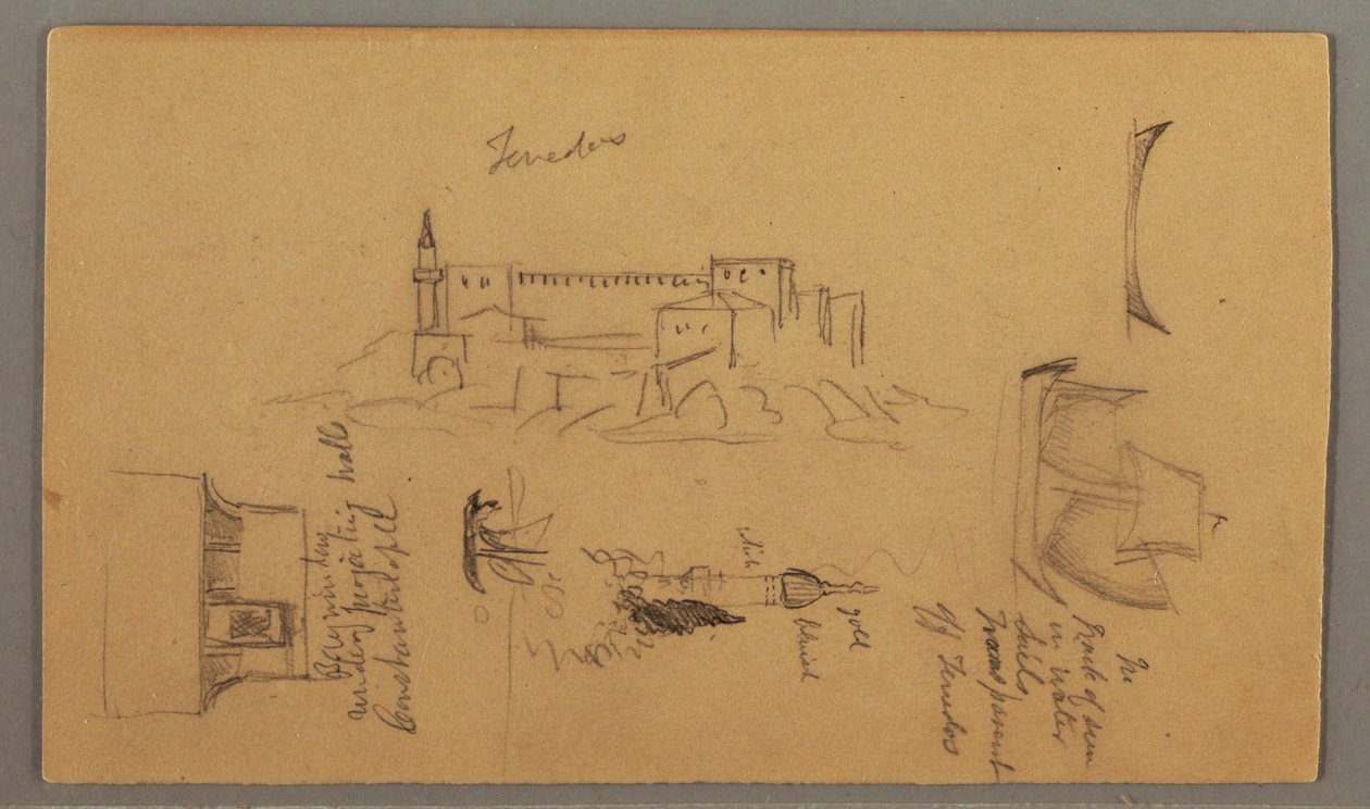 Tekening, Kasteel, Minaret, Zeilboten, Huis, mei 1868 door Frederic Edwin Church