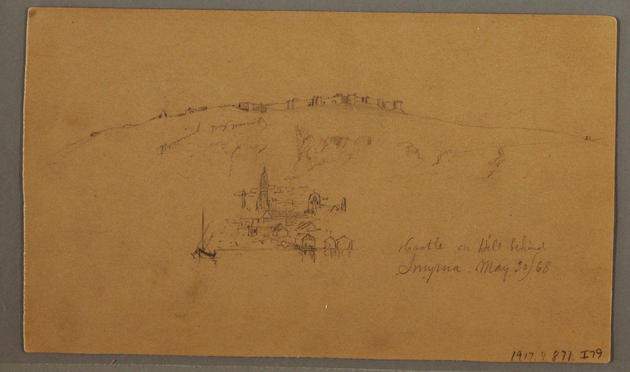 Tekening, Kasteel, Minaret, Zeilboten, Huis, mei 1868 door Frederic Edwin Church