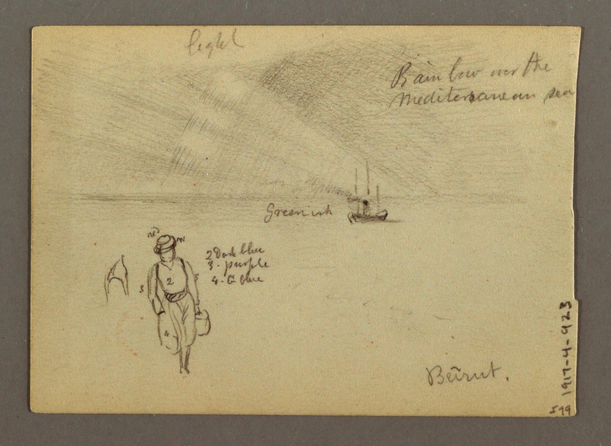 Tekening, Kasteel aan het water, boot, bomen, mogelijk 1868 door Frederic Edwin Church