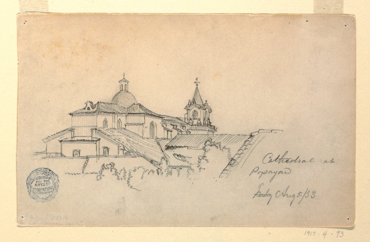 Tekening, Kathedraal in Popayan, Colombia, 5 augustus 1853 door Frederic Edwin Church