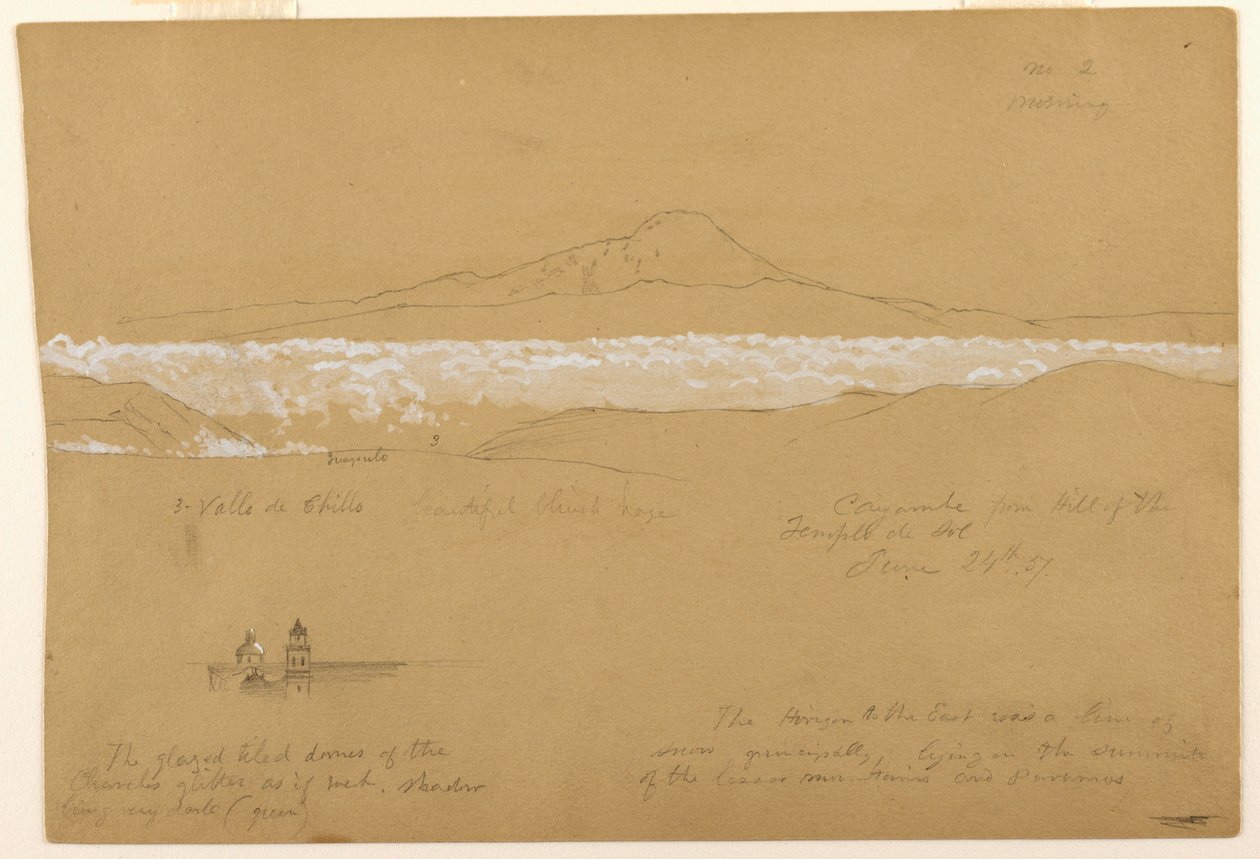 Tekening, Cayambé, ochtend, vanaf de Tempel van de Zon, Quito, 24 juni 1857 door Frederic Edwin Church