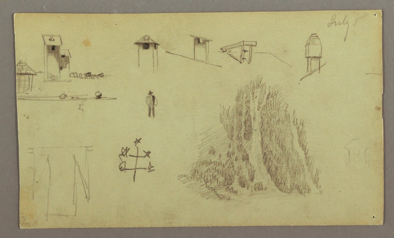 Tekening, Schoorstenen, Watervallen, Figuur, etc., juli mogelijk 1868 door Frederic Edwin Church